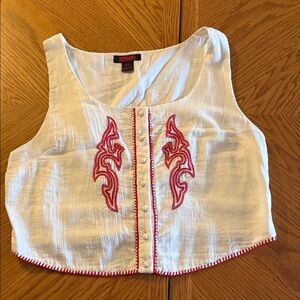Elegant White and Red Embroidered Crop Top